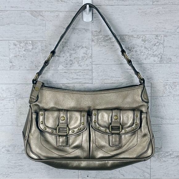 Fossil metallic bronze gold leather studded shoulder hobo bag - Picture 1 of 8